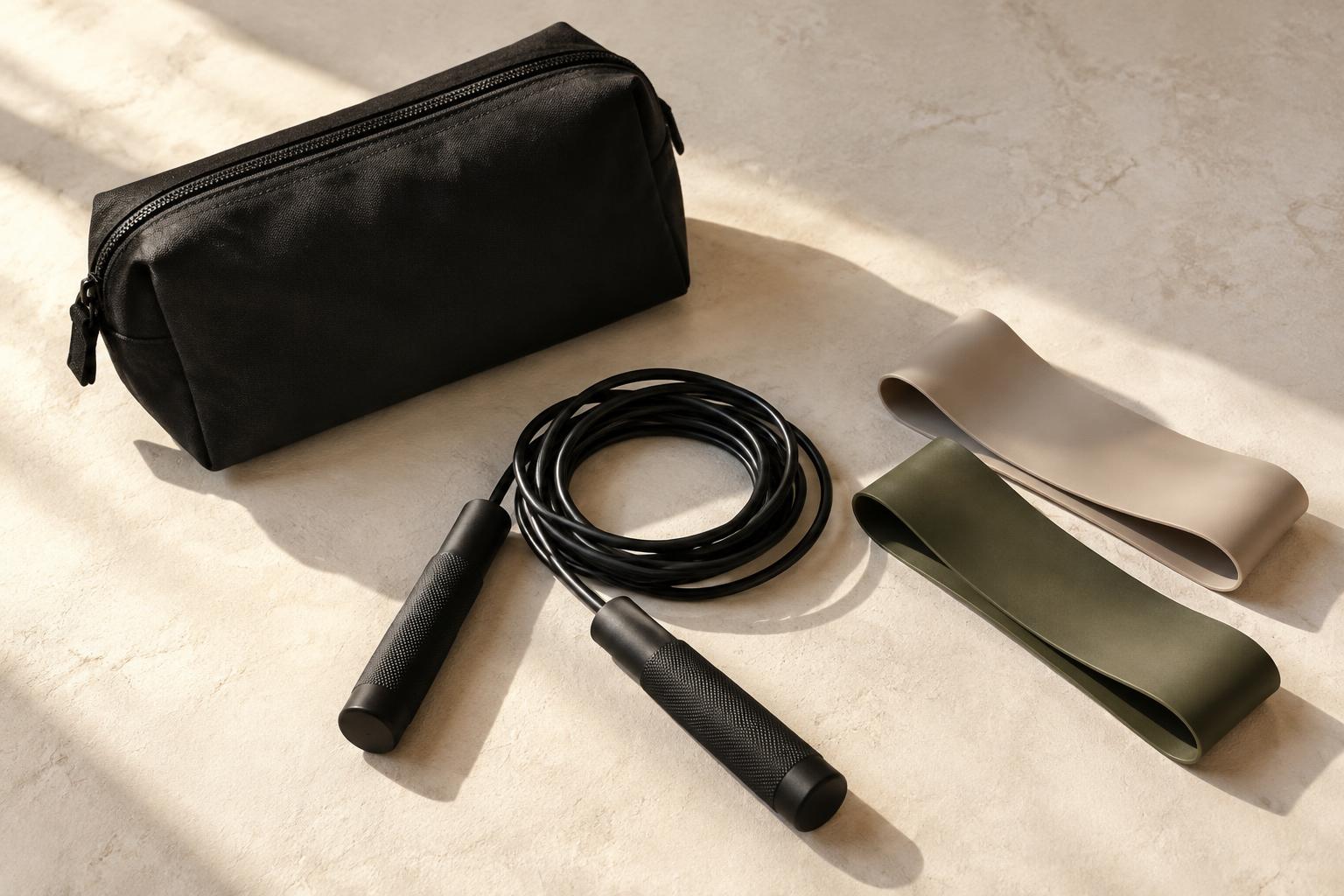 Kit concept showing a fitness pouch, resistance bands and skipping rope